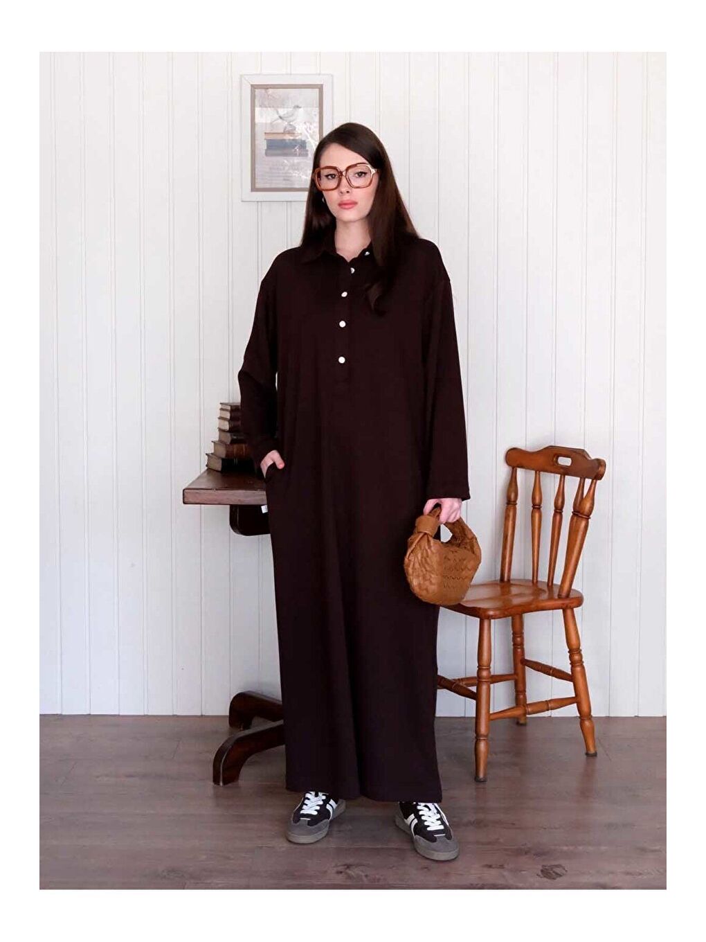 Kahverengi Acı Kahve Düğme Detay Elbise