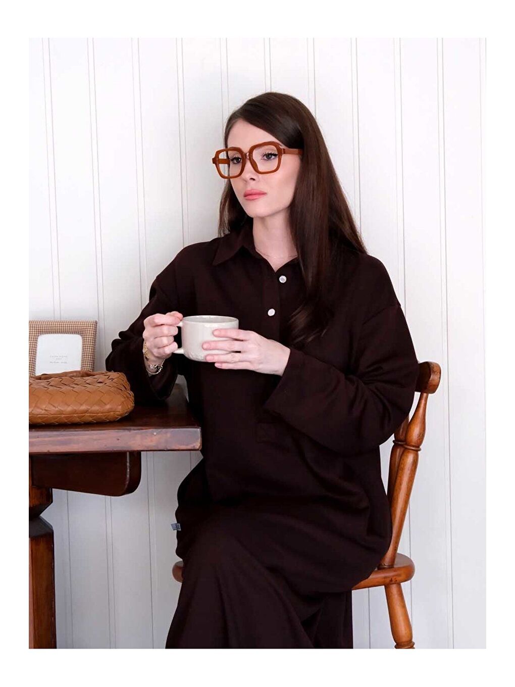 Kahverengi Acı Kahve Düğme Detay Elbise-2