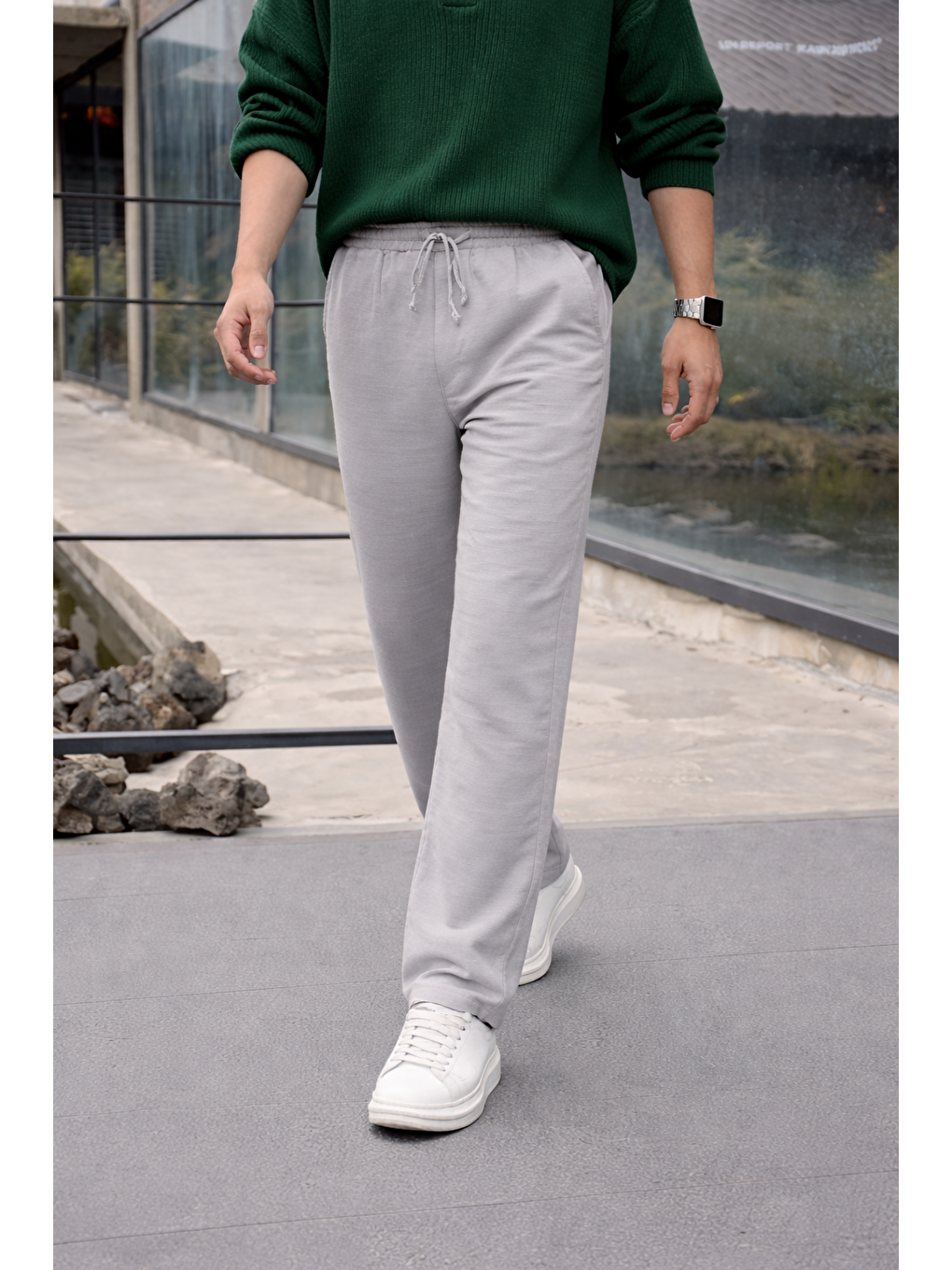 Erkek Lastikli Trend Basic Bol Gri Keten Pantolon-2