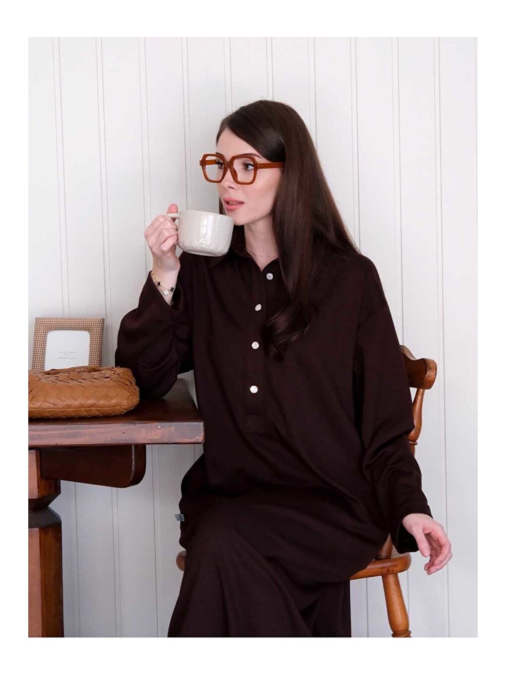 Kahverengi Acı Kahve Düğme Detay Elbise-3