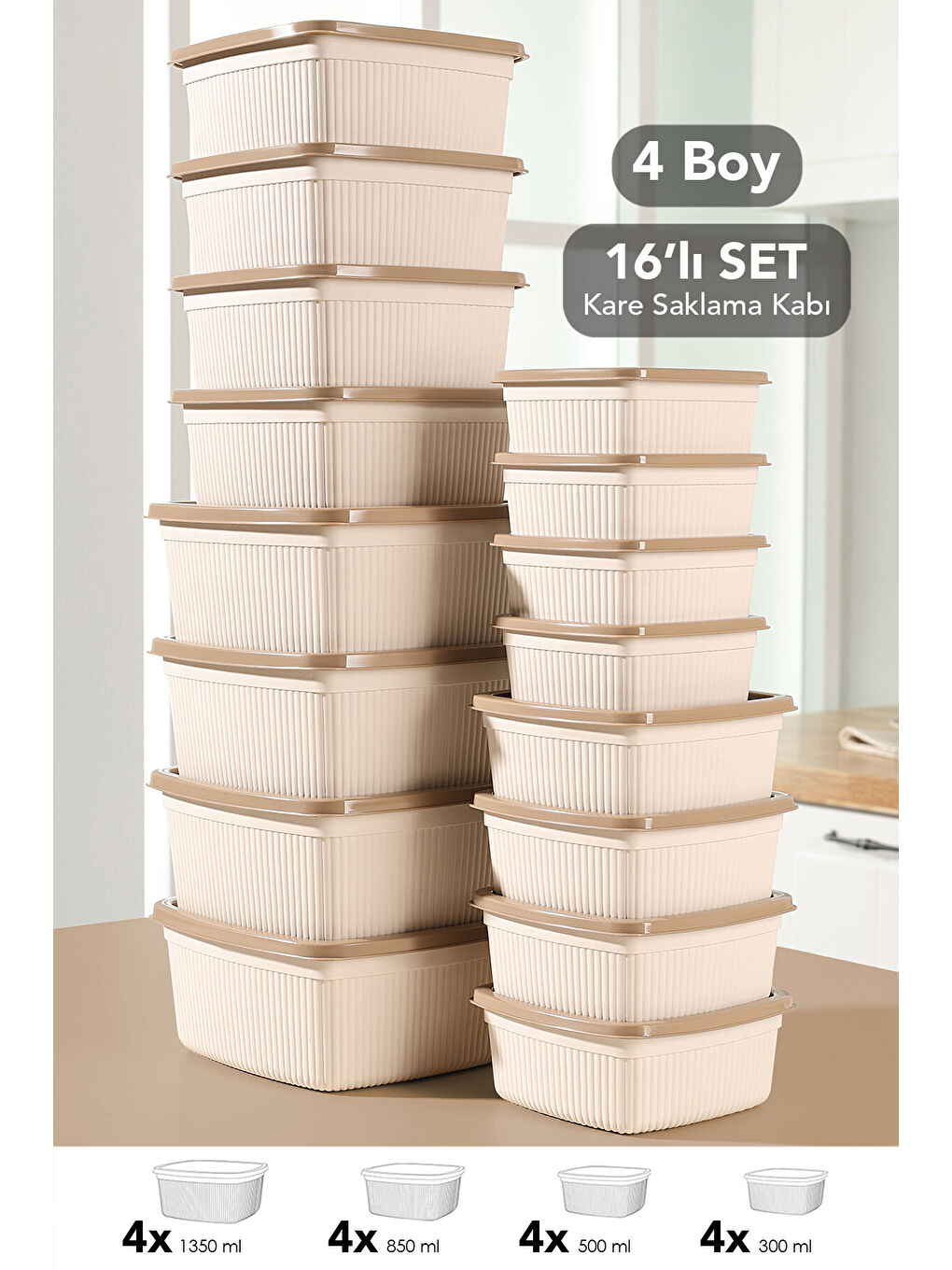 Bej 16'lı Çizgili Kare Gıda Saklama Kabı Seti