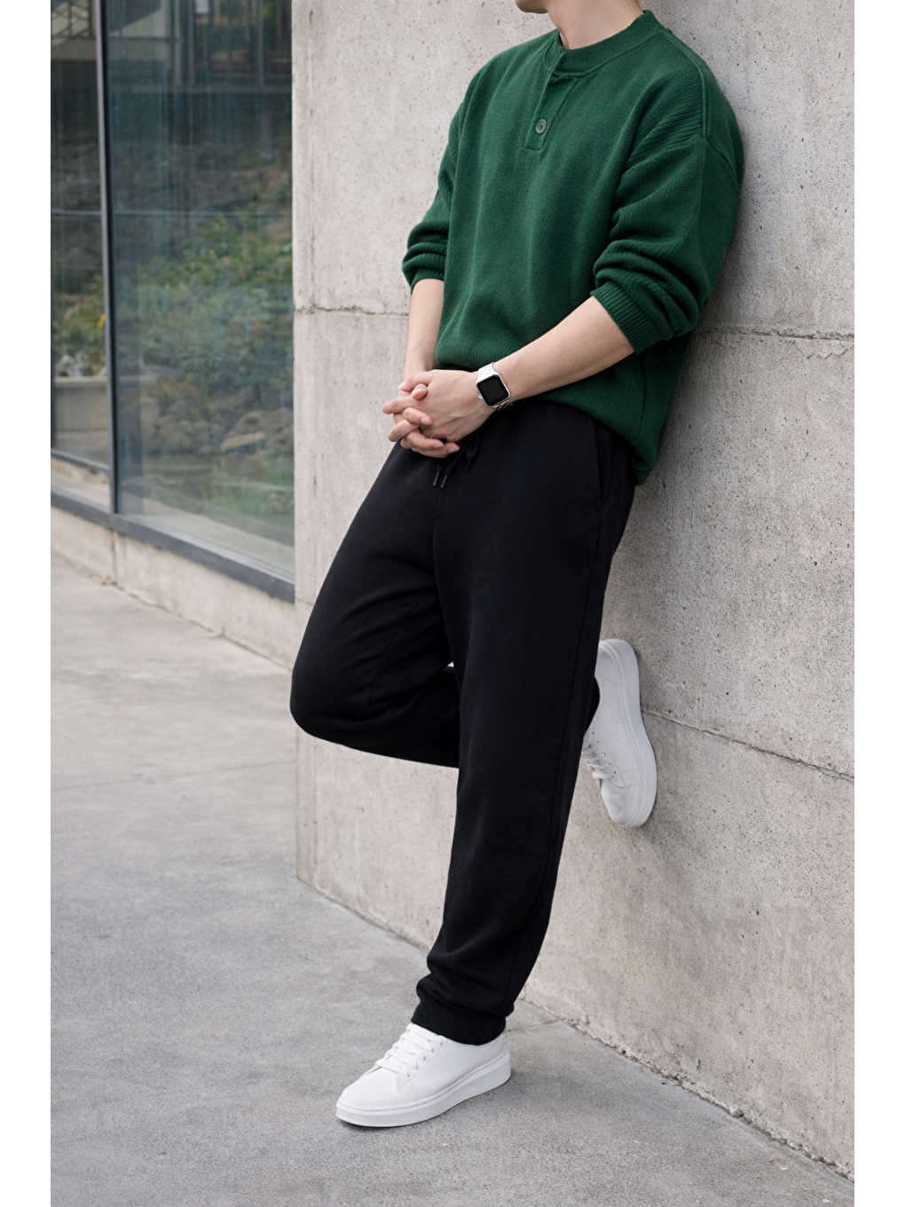 Erkek Lastikli Trend Basic Bol Siyah Keten Pantolon-5