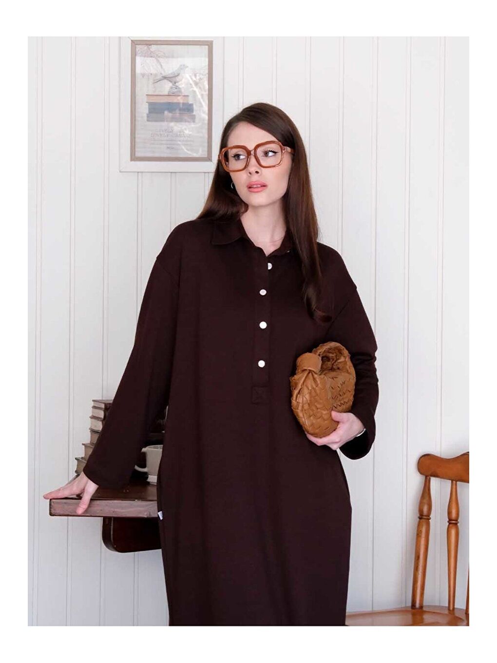 Kahverengi Acı Kahve Düğme Detay Elbise-4