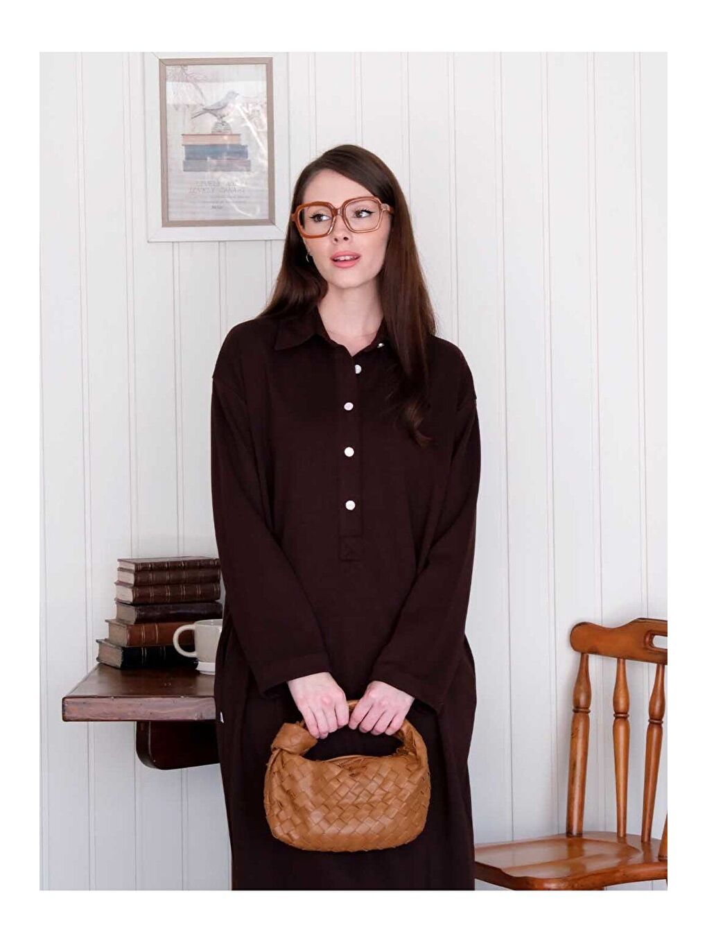 Kahverengi Acı Kahve Düğme Detay Elbise-5