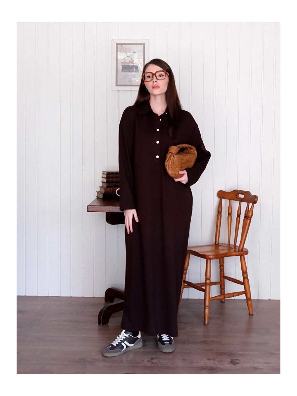 Kahverengi Acı Kahve Düğme Detay Elbise-6