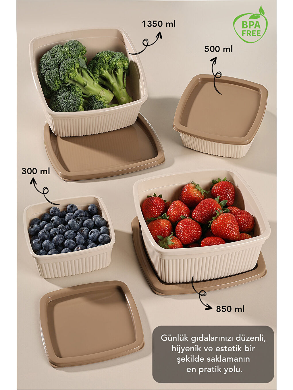 Bej 16'lı Çizgili Kare Gıda Saklama Kabı Seti-1