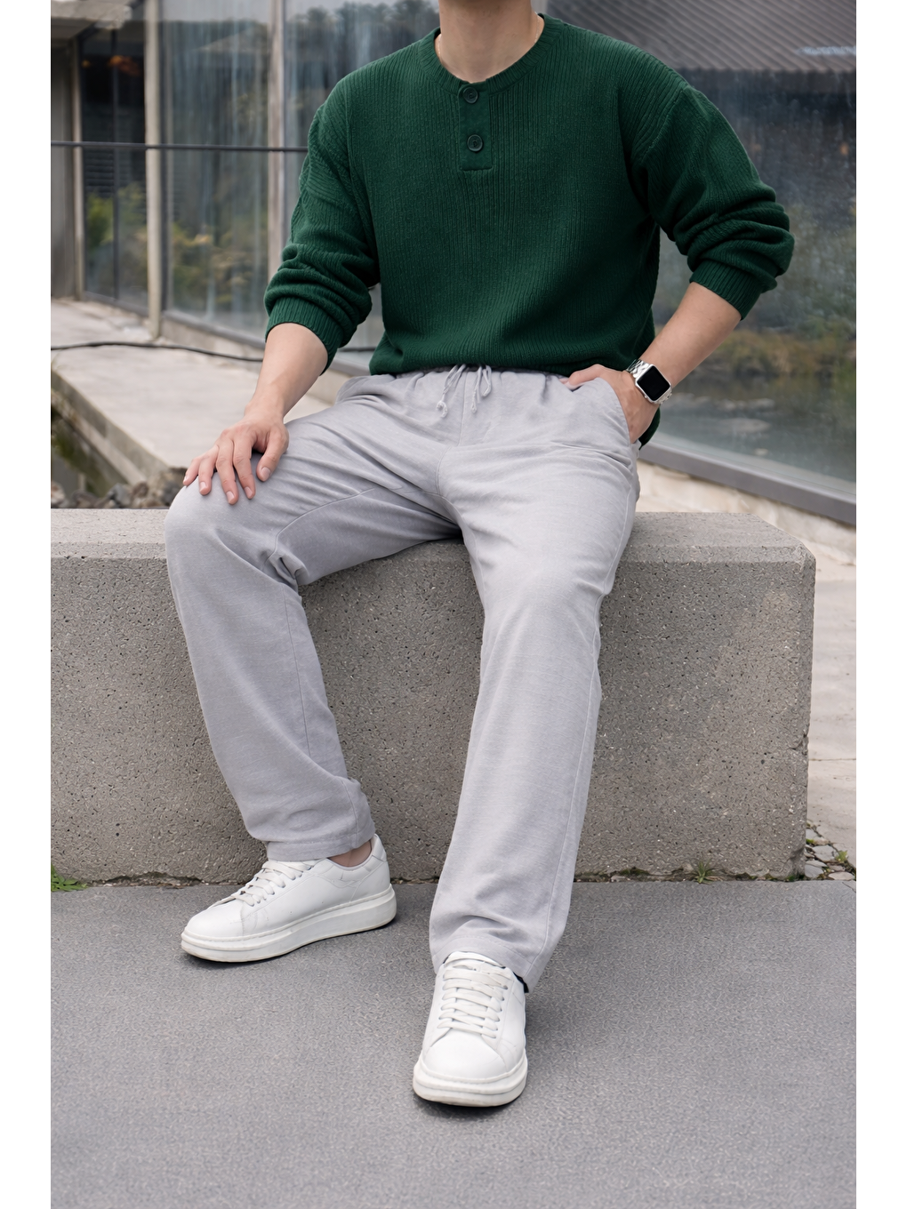 Erkek Lastikli Trend Basic Bol Gri Keten Pantolon-3