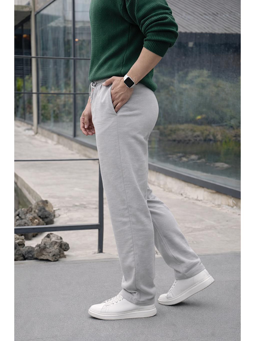 Erkek Lastikli Trend Basic Bol Gri Keten Pantolon-4