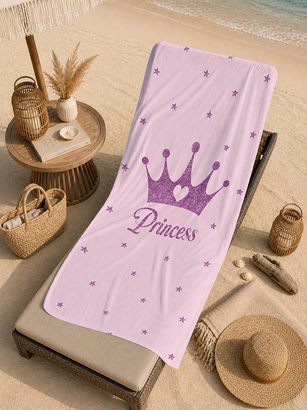 Princess Yazılı Mor Taç Pembe Desenli 70x150 Plaj Havlusu - Dijital Baskılı Solmaz Banyo Havlusu-3