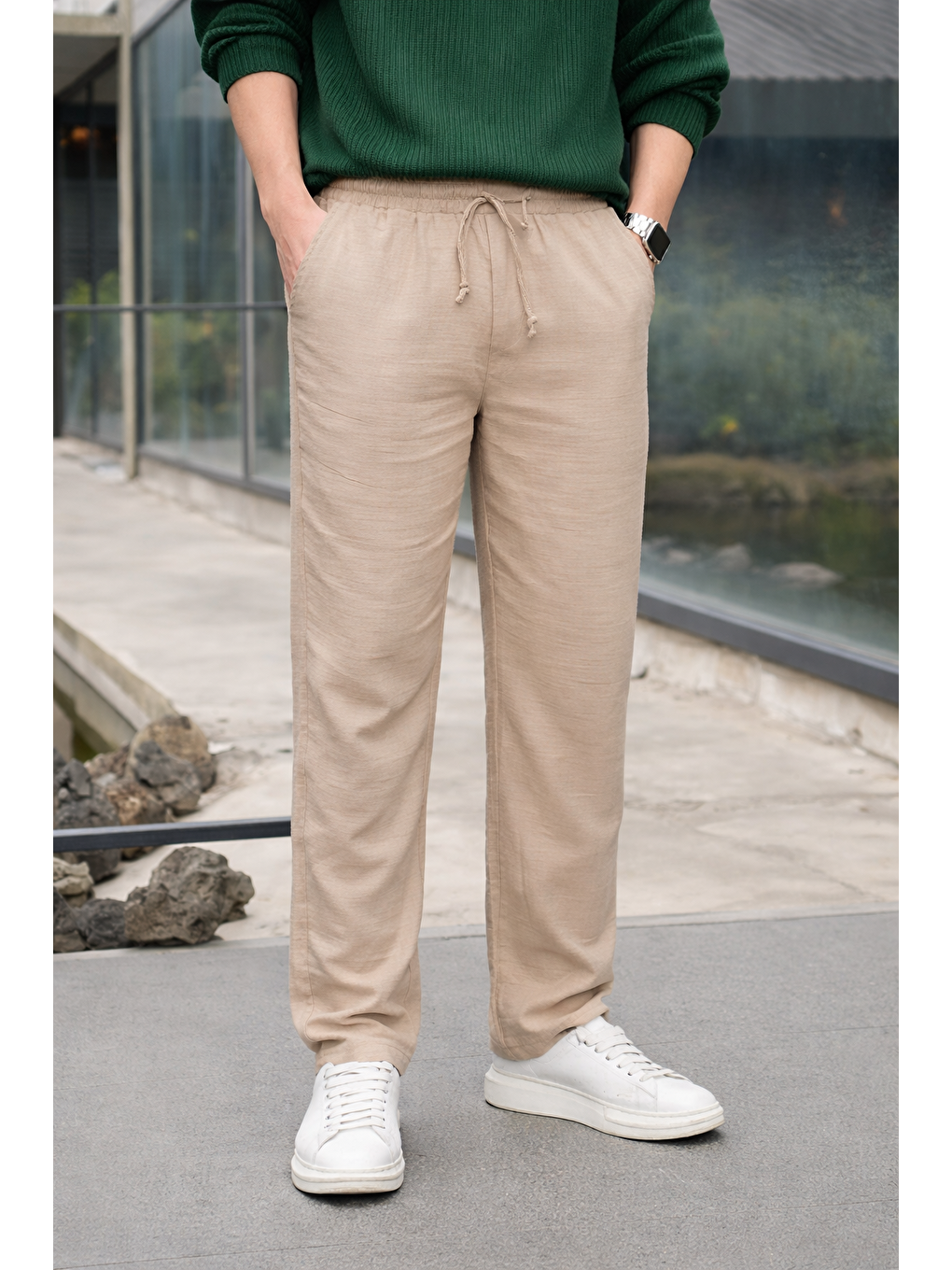 Ekru Erkek Lastikli Trend Basic Bol Krem Keten Pantolon