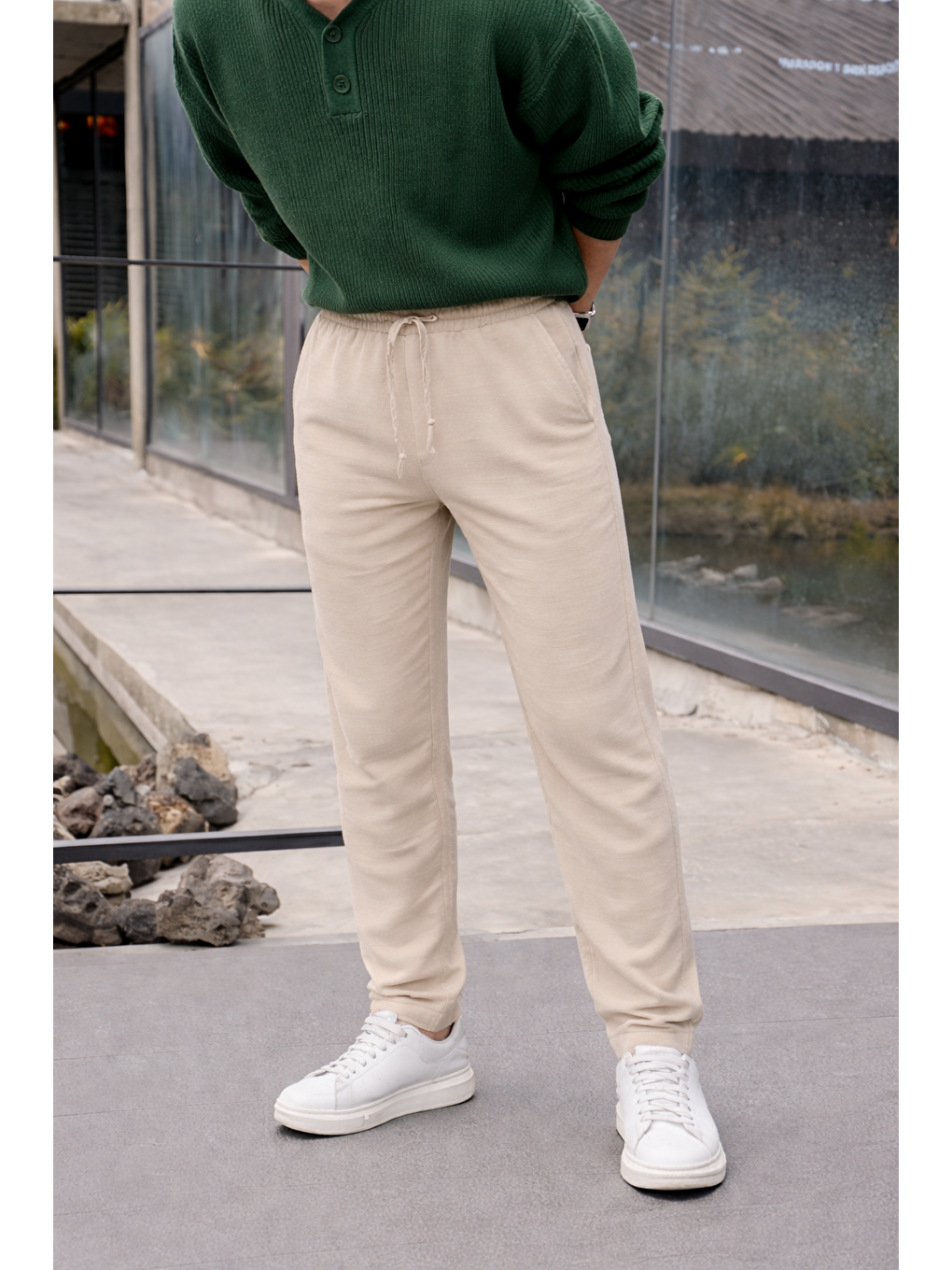 Erkek Lastikli Trend Basic Bol Bej Keten Pantolon-1