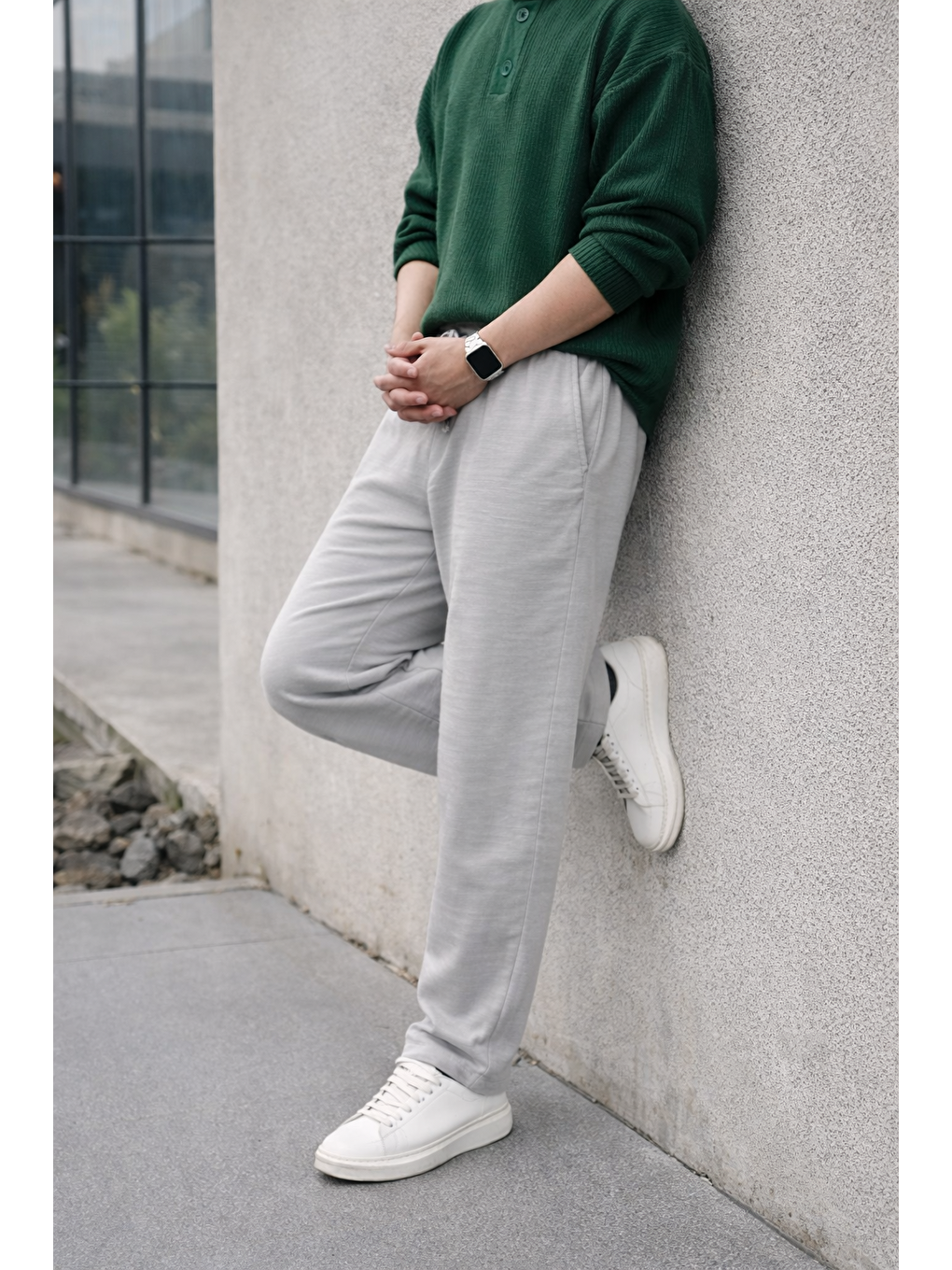 Erkek Lastikli Trend Basic Bol Gri Keten Pantolon-5