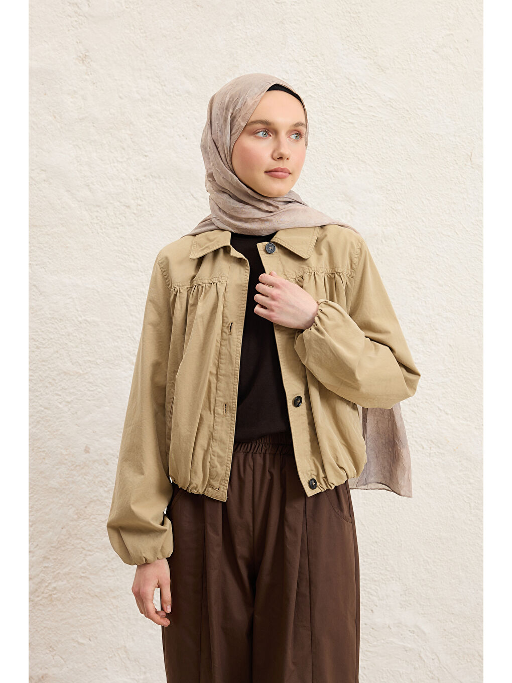 Bej Vela Desenli Pamuk Şal Taş-3