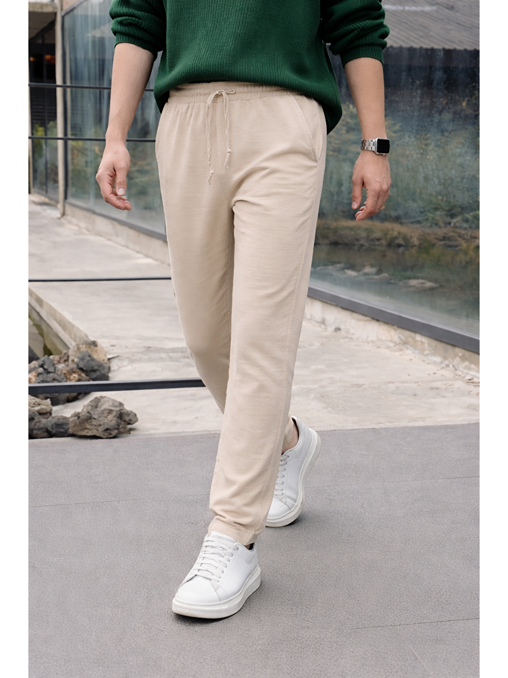 Erkek Lastikli Trend Basic Bol Bej Keten Pantolon-2