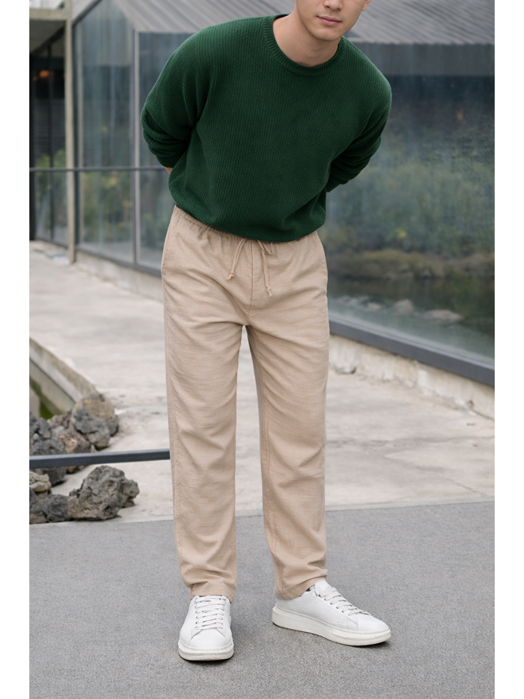 Ekru Erkek Lastikli Trend Basic Bol Krem Keten Pantolon-1