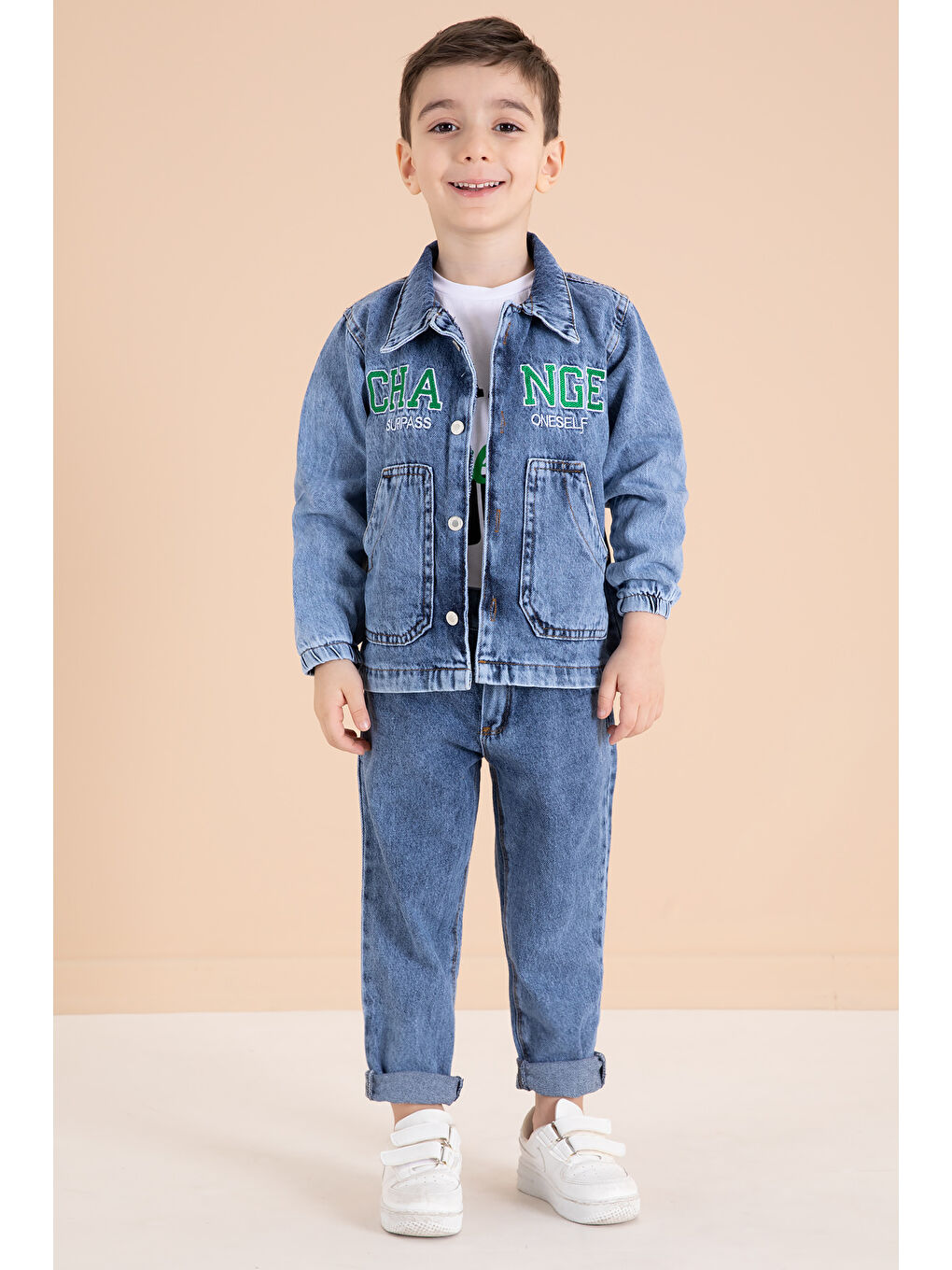 Lacivert Yazı Nakışlı Ceketli 3'lü Erkek Çocuk Jean Takım 20001