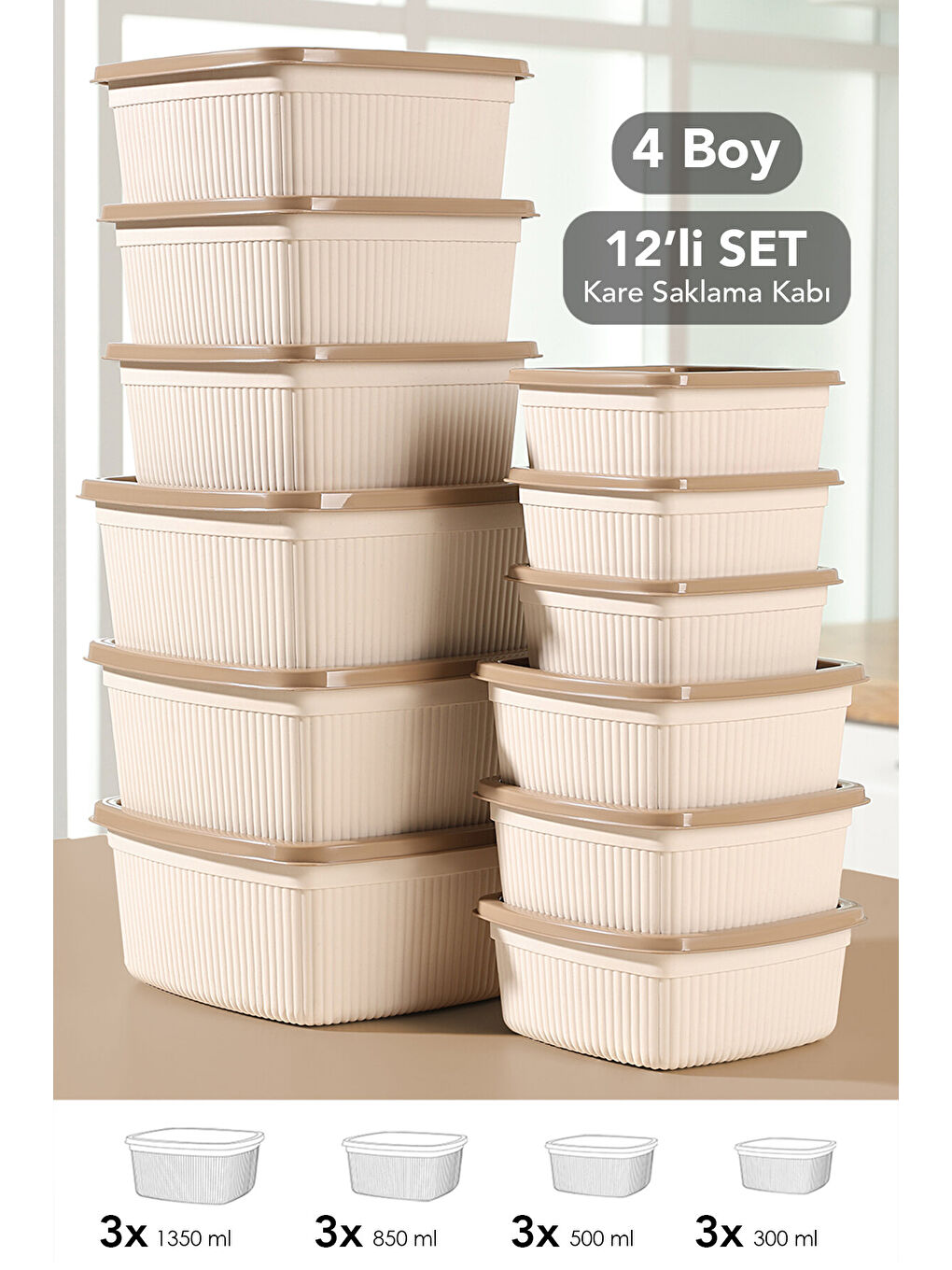 Bej 12'li Çizgili Kare Gıda Saklama Kabı Seti