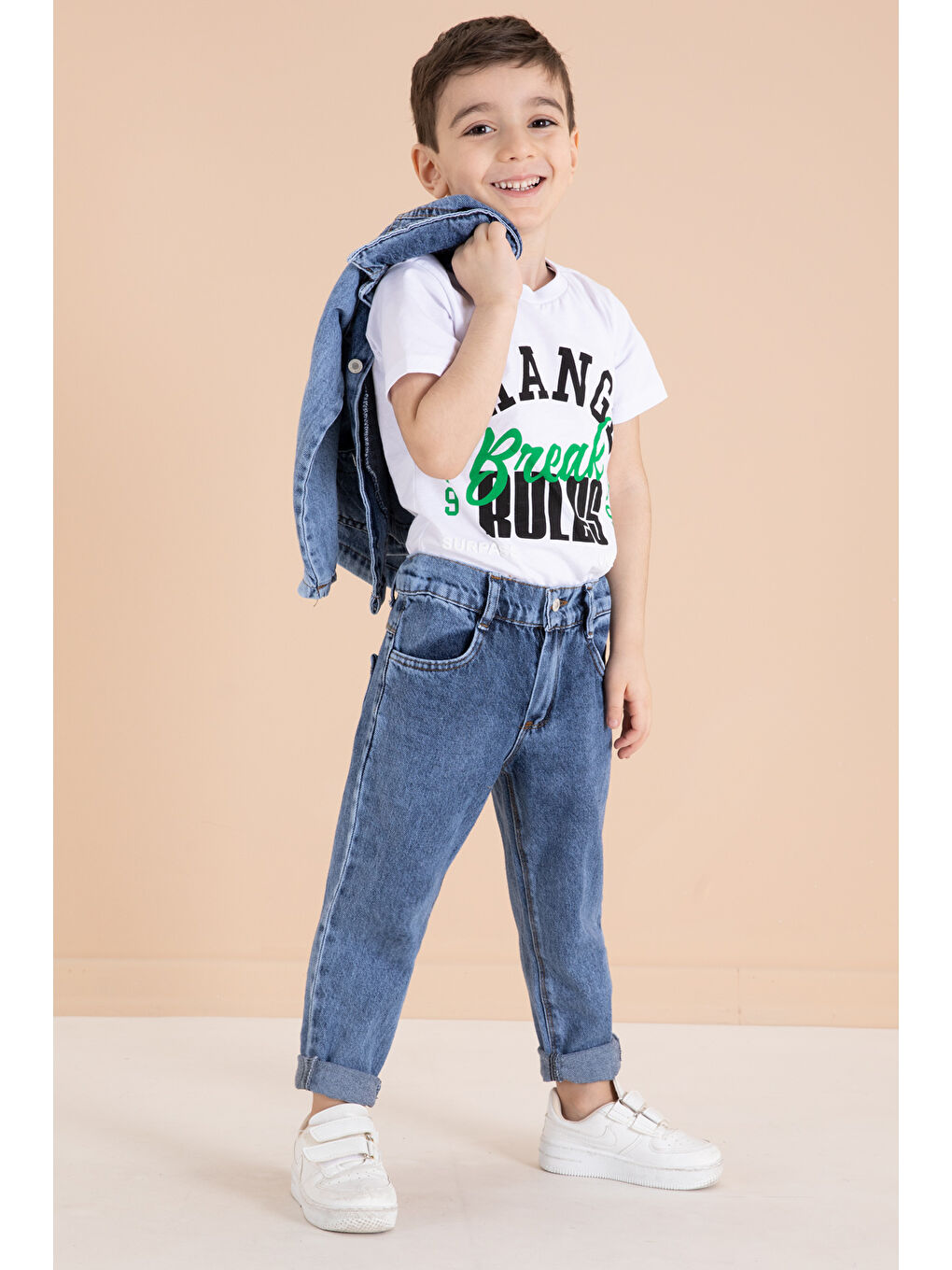 Lacivert Yazı Nakışlı Ceketli 3'lü Erkek Çocuk Jean Takım 20001-1