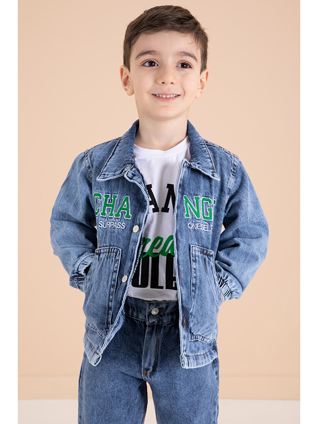 Lacivert Yazı Nakışlı Ceketli 3'lü Erkek Çocuk Jean Takım 20001-2
