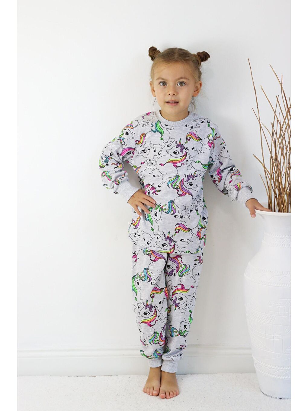 Harika KIDS Gri-Mavi Kız Çocuk Baskılı İnce Basic Pijama Takımı