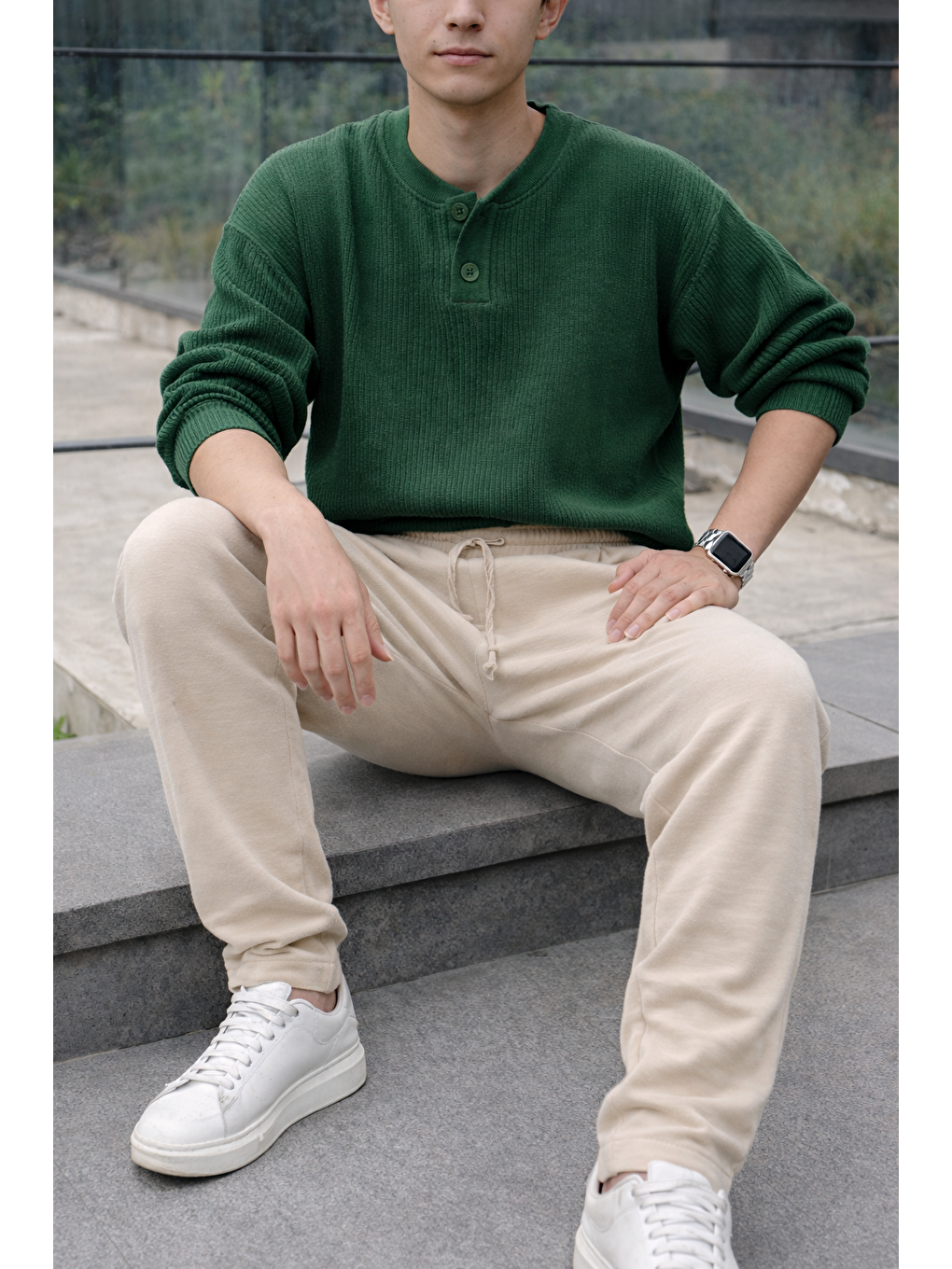 Erkek Lastikli Trend Basic Bol Bej Keten Pantolon-3