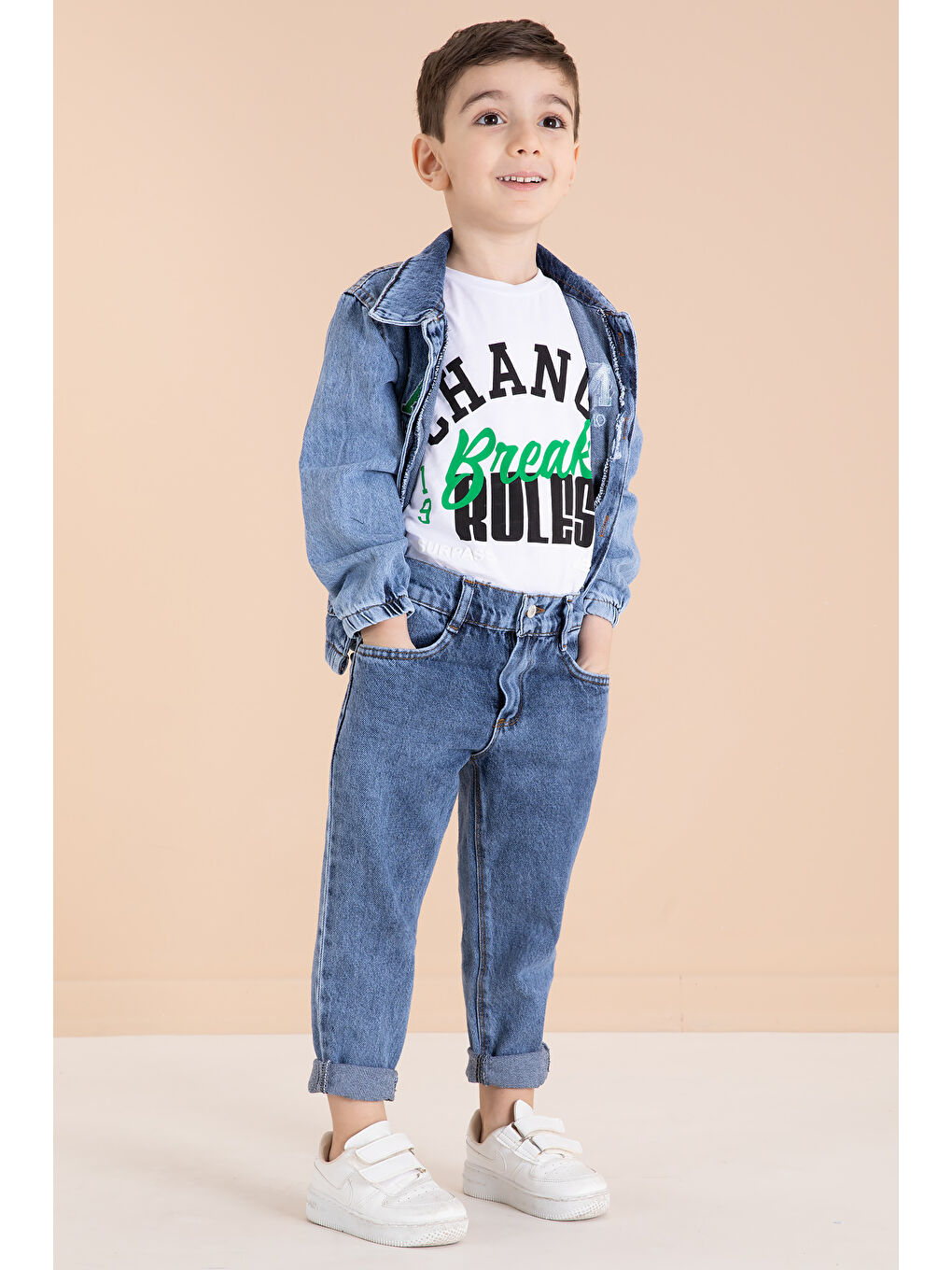 Lacivert Yazı Nakışlı Ceketli 3'lü Erkek Çocuk Jean Takım 20001-3