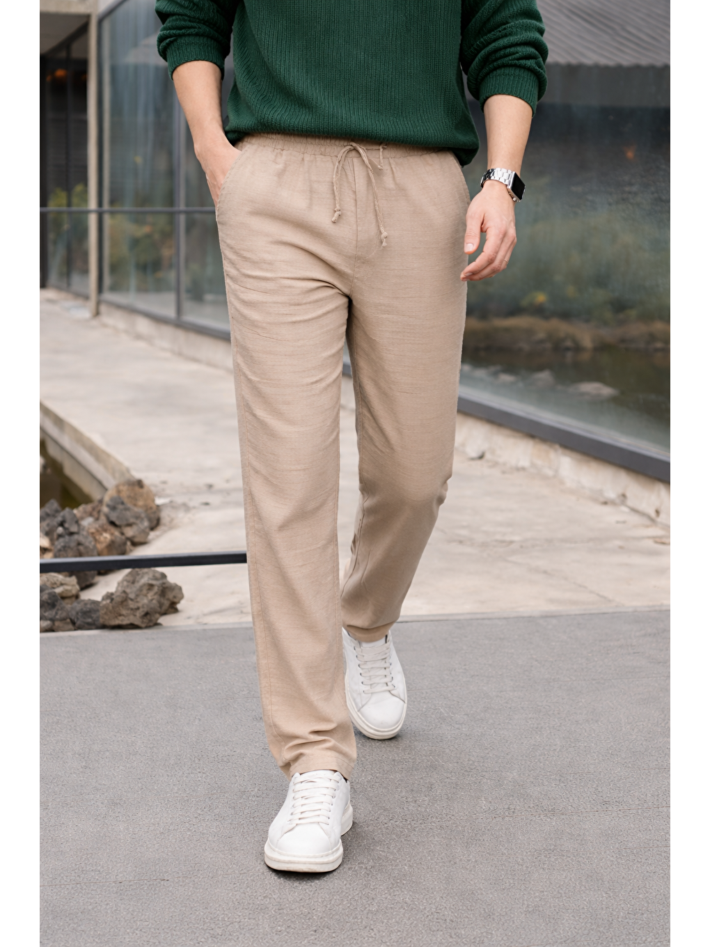 Ekru Erkek Lastikli Trend Basic Bol Krem Keten Pantolon-2