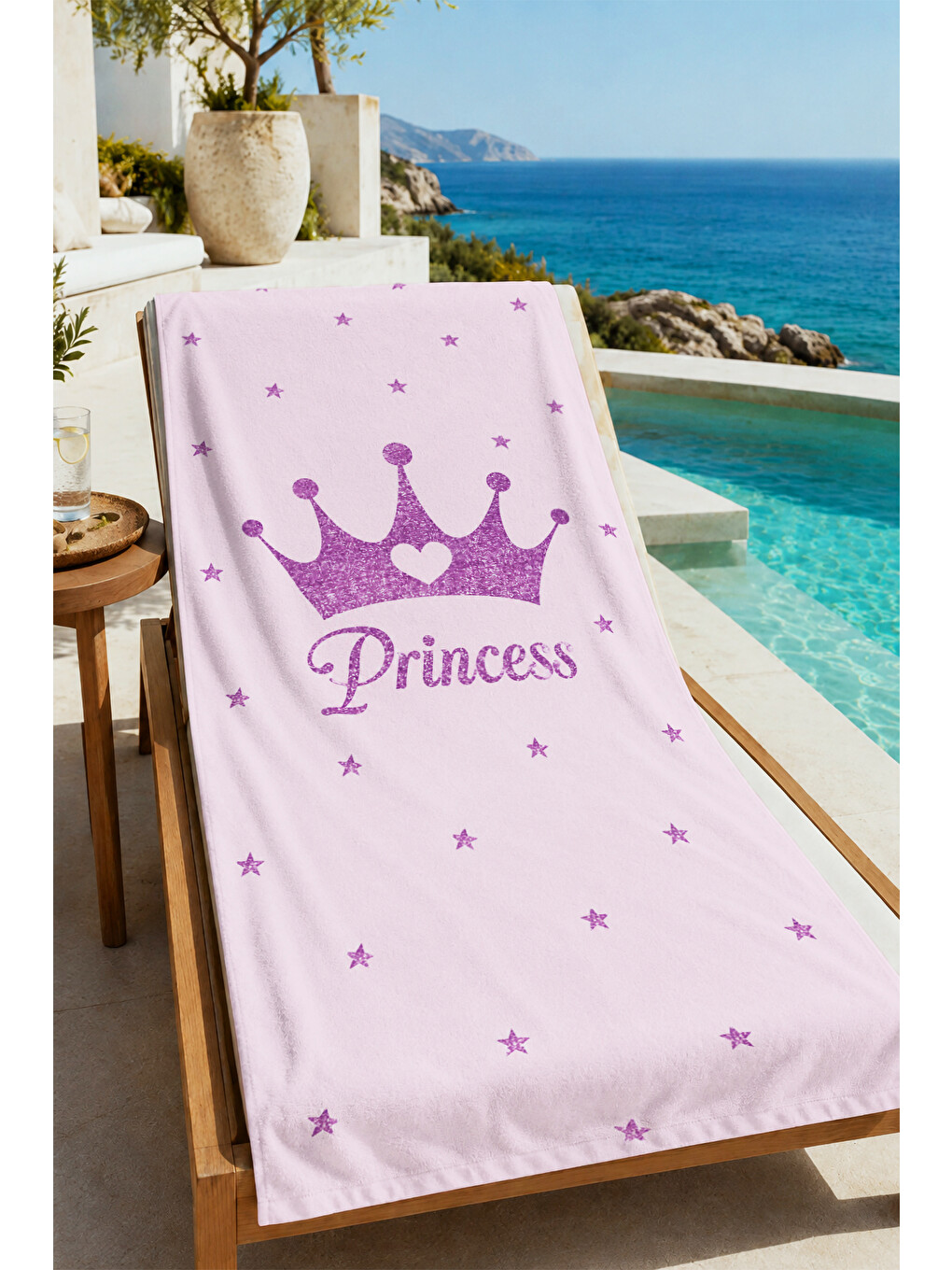 Princess Yazılı Mor Taç Pembe Desenli 70x150 Plaj Havlusu - Dijital Baskılı Solmaz Banyo Havlusu-4