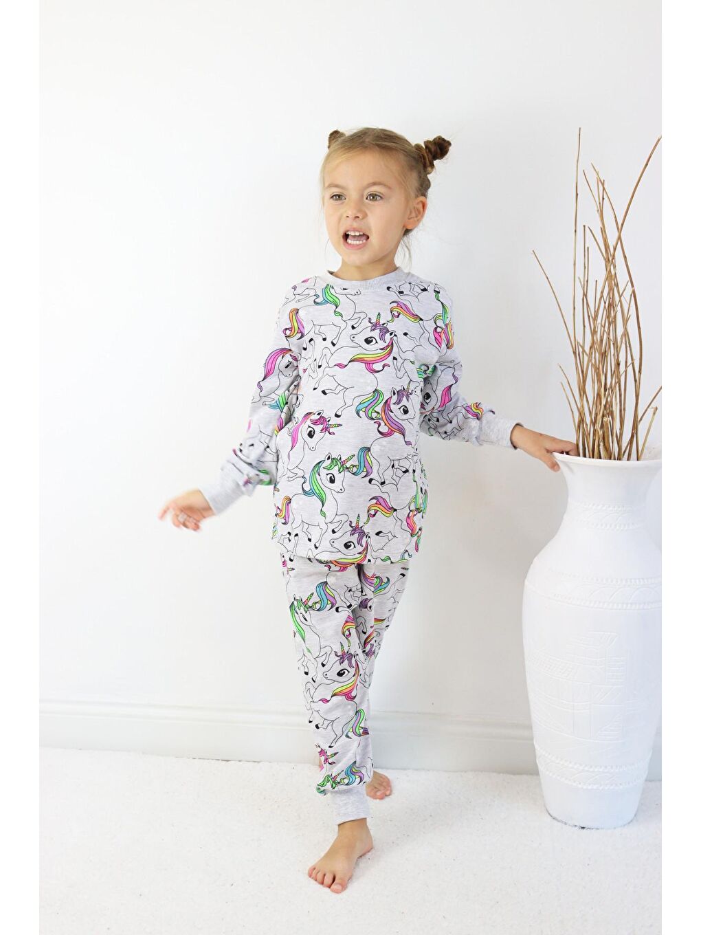 Harika KIDS Gri-Mavi Kız Çocuk Baskılı İnce Basic Pijama Takımı - 1