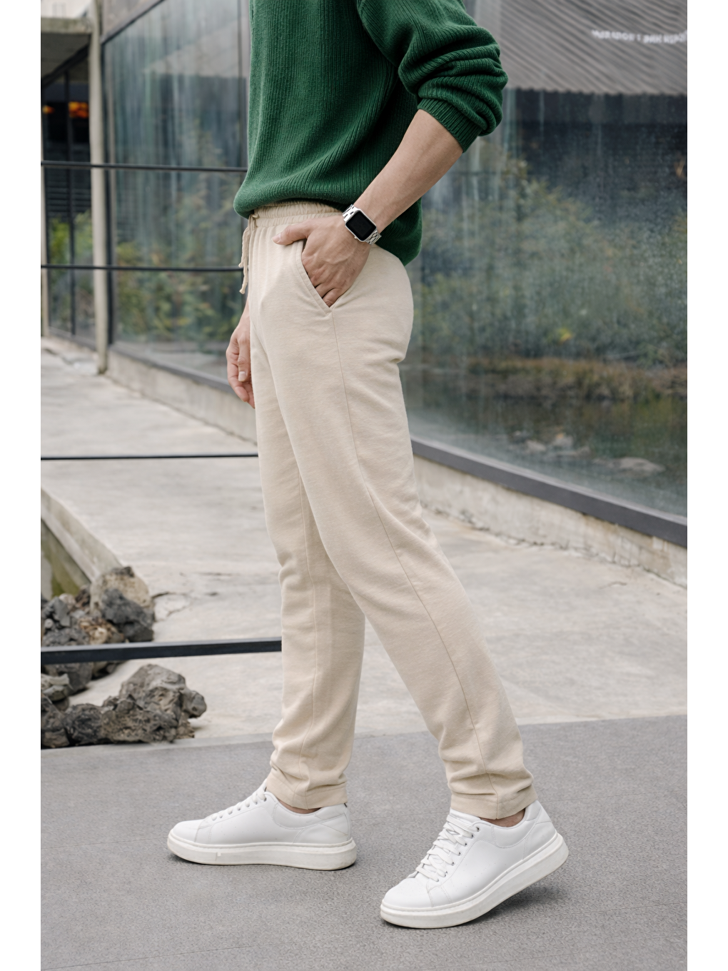 Erkek Lastikli Trend Basic Bol Bej Keten Pantolon-4