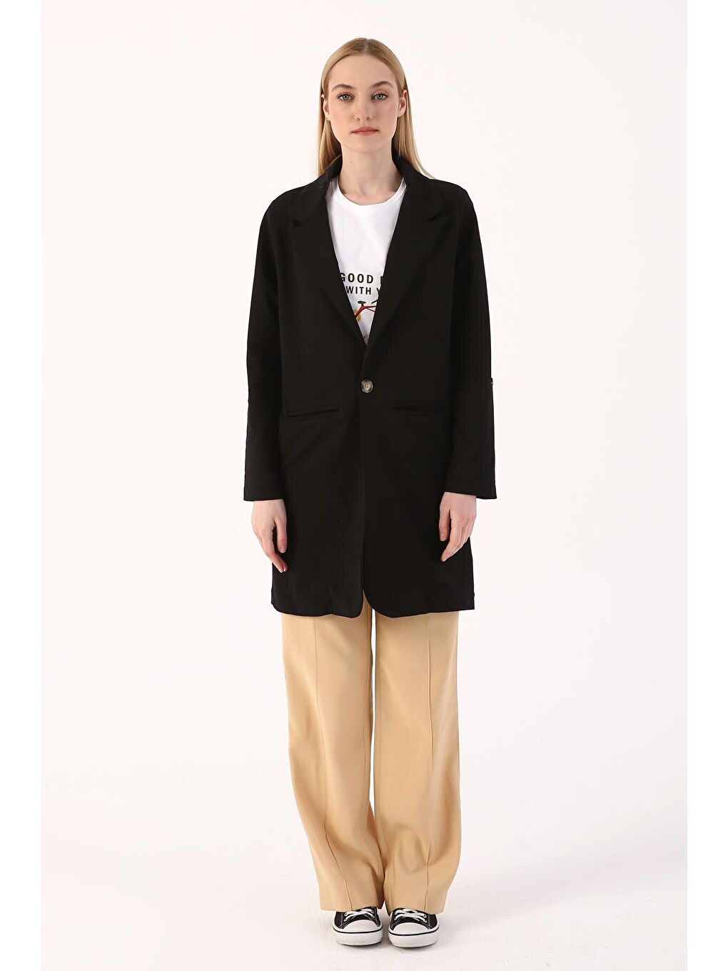 Siyah Tek Düğmeli Penye Ceket-1