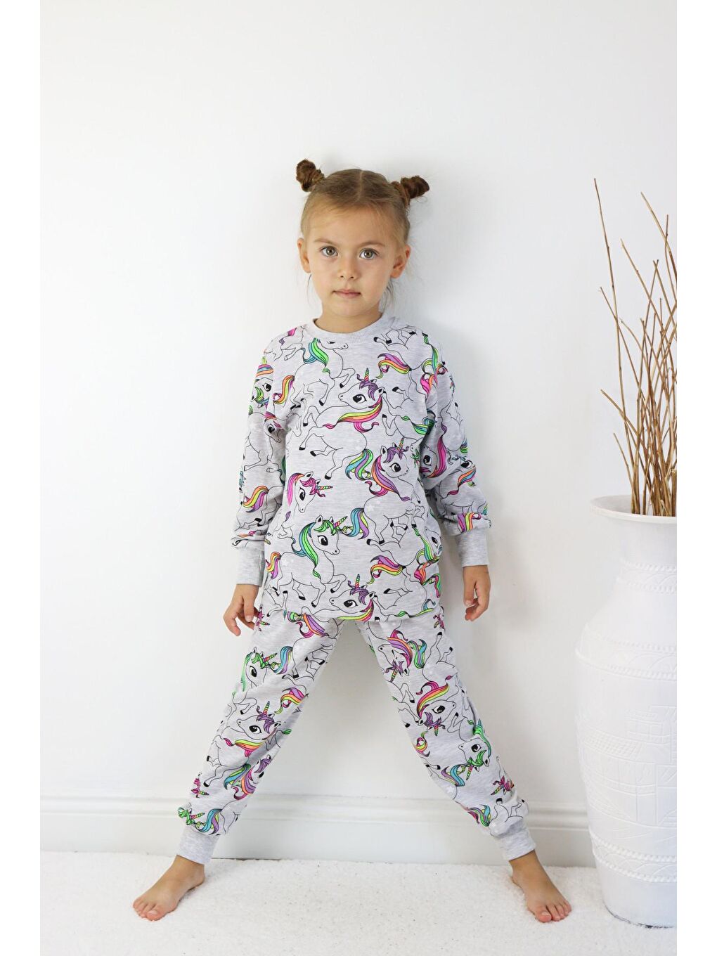 Harika KIDS Gri-Mavi Kız Çocuk Baskılı İnce Basic Pijama Takımı - 2