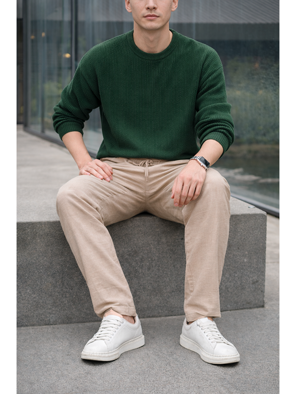 Ekru Erkek Lastikli Trend Basic Bol Krem Keten Pantolon-3