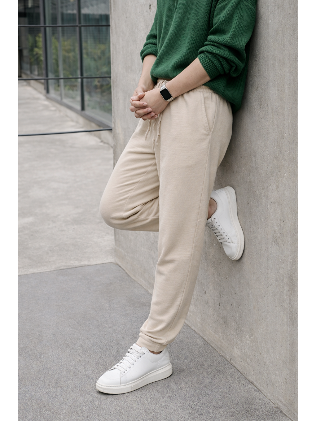 Erkek Lastikli Trend Basic Bol Bej Keten Pantolon-5