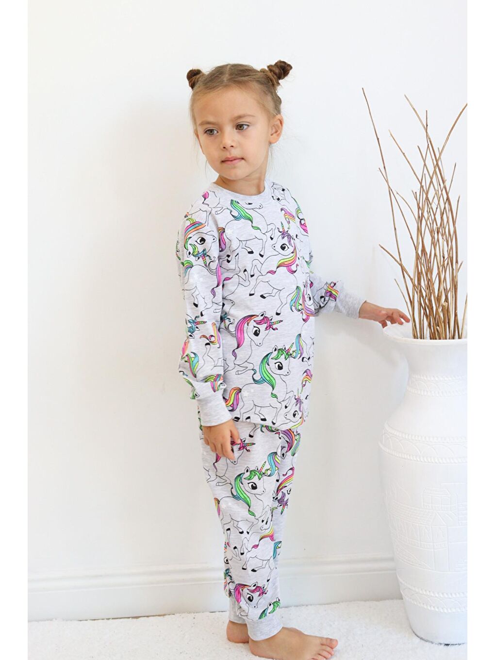 Harika KIDS Gri-Mavi Kız Çocuk Baskılı İnce Basic Pijama Takımı - 3