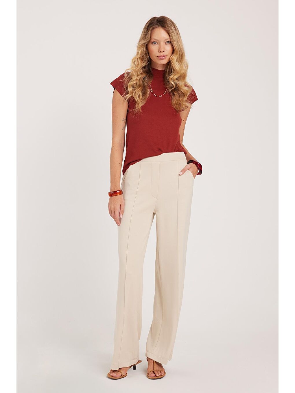 Bej Kadın Relax Fit Rahat Kesim Modal Kumaş Yüksel Bel Geniş Paça Taş Pantolon-1