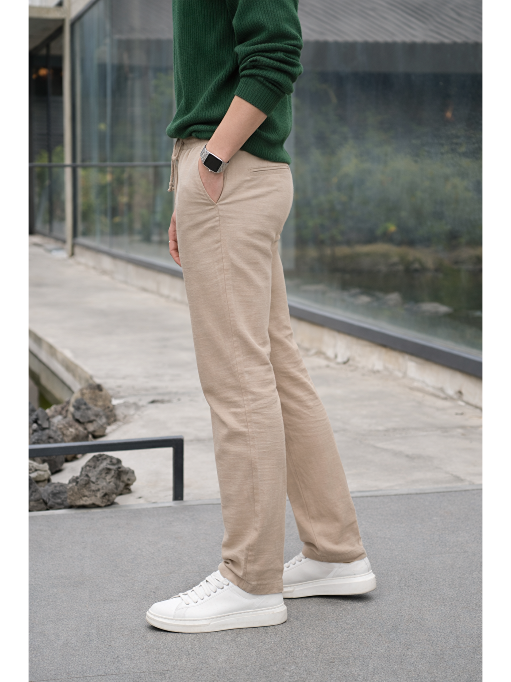 Ekru Erkek Lastikli Trend Basic Bol Krem Keten Pantolon-4