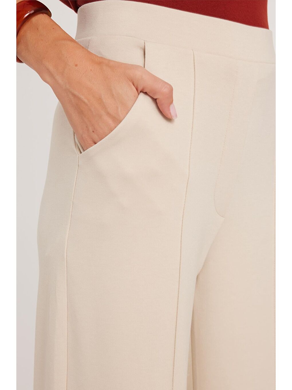 Bej Kadın Relax Fit Rahat Kesim Modal Kumaş Yüksel Bel Geniş Paça Taş Pantolon-2