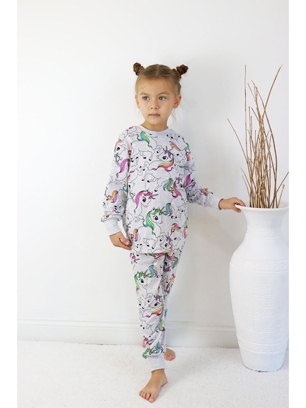 Harika KIDS Gri-Mavi Kız Çocuk Baskılı İnce Basic Pijama Takımı - 4