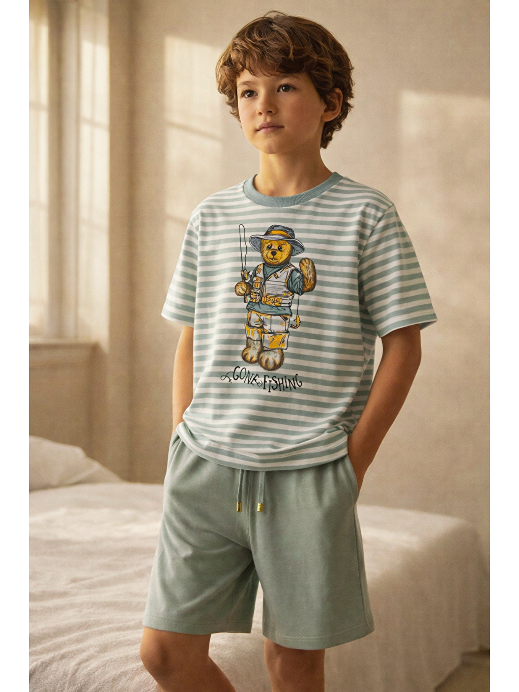 Erkek Çocuk Sea La Vie Teddy Desenli Şortlu Pijama Takımı Yeşil