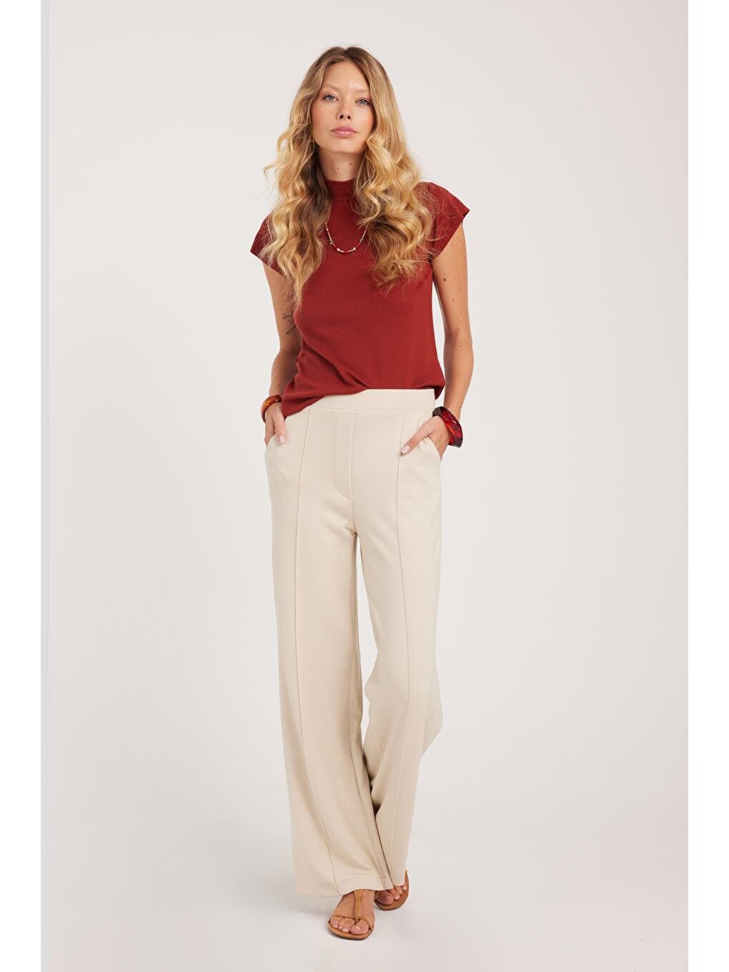 Bej Kadın Relax Fit Rahat Kesim Modal Kumaş Yüksel Bel Geniş Paça Taş Pantolon-3