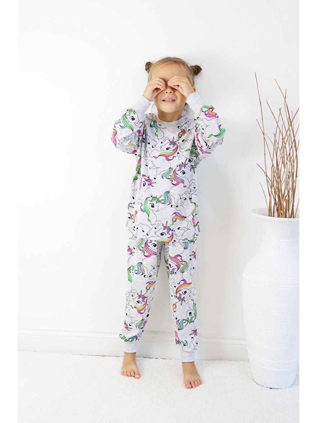 Harika KIDS Gri-Mavi Kız Çocuk Baskılı İnce Basic Pijama Takımı - 5