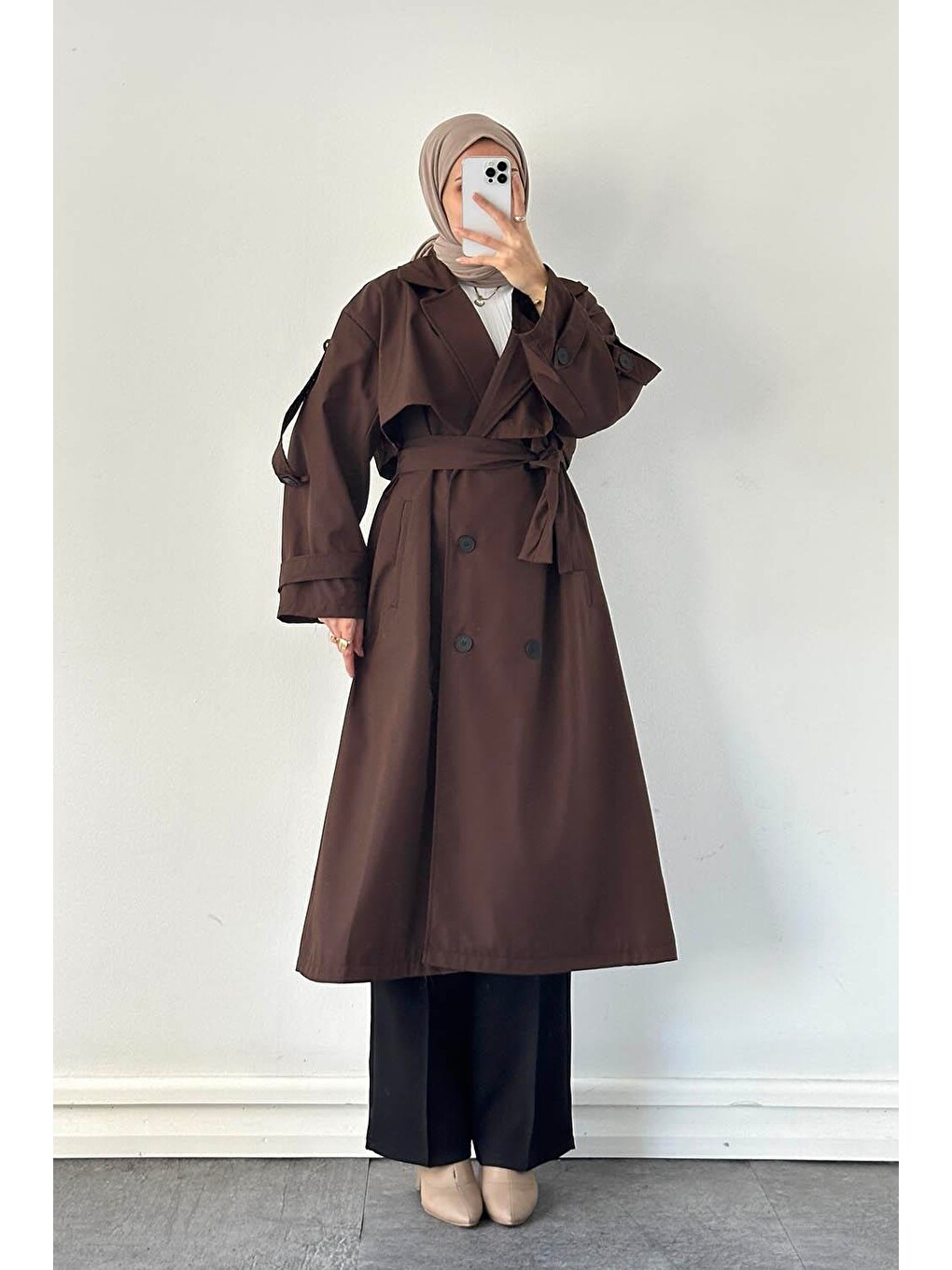Uzun Apoletli Oversize Trenç Kahverengi