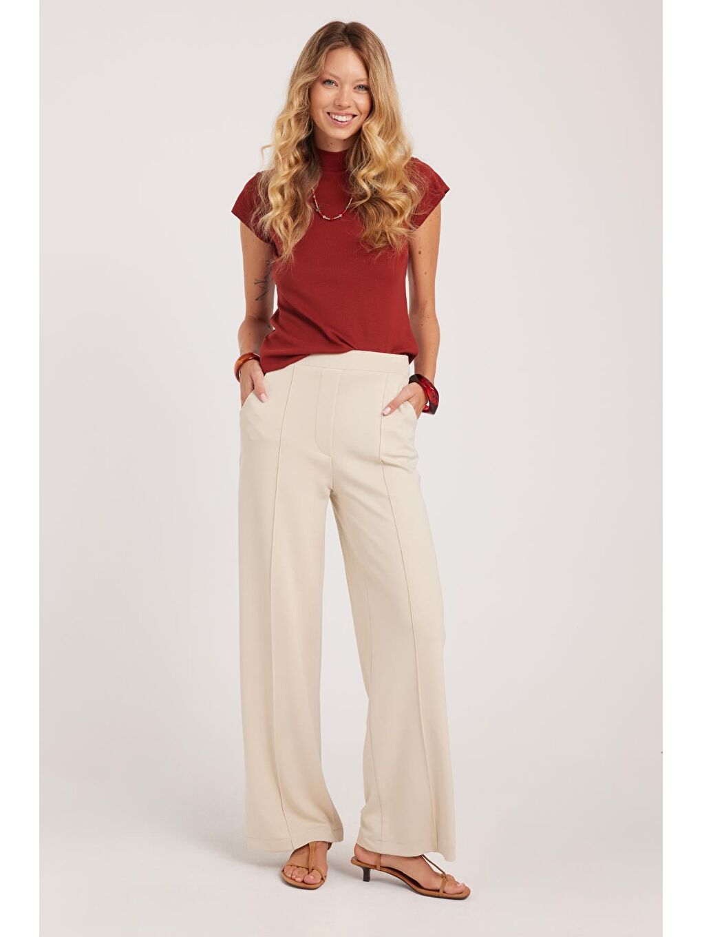 Bej Kadın Relax Fit Rahat Kesim Modal Kumaş Yüksel Bel Geniş Paça Taş Pantolon-4