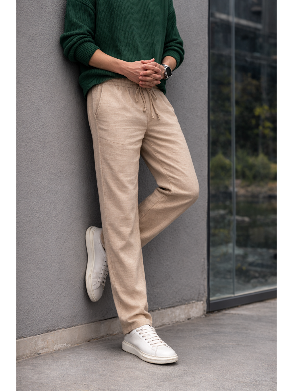 Ekru Erkek Lastikli Trend Basic Bol Krem Keten Pantolon-5