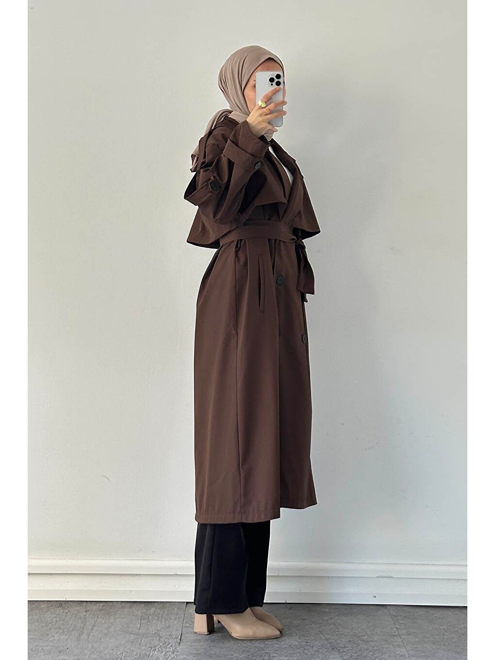Uzun Apoletli Oversize Trenç Kahverengi-1