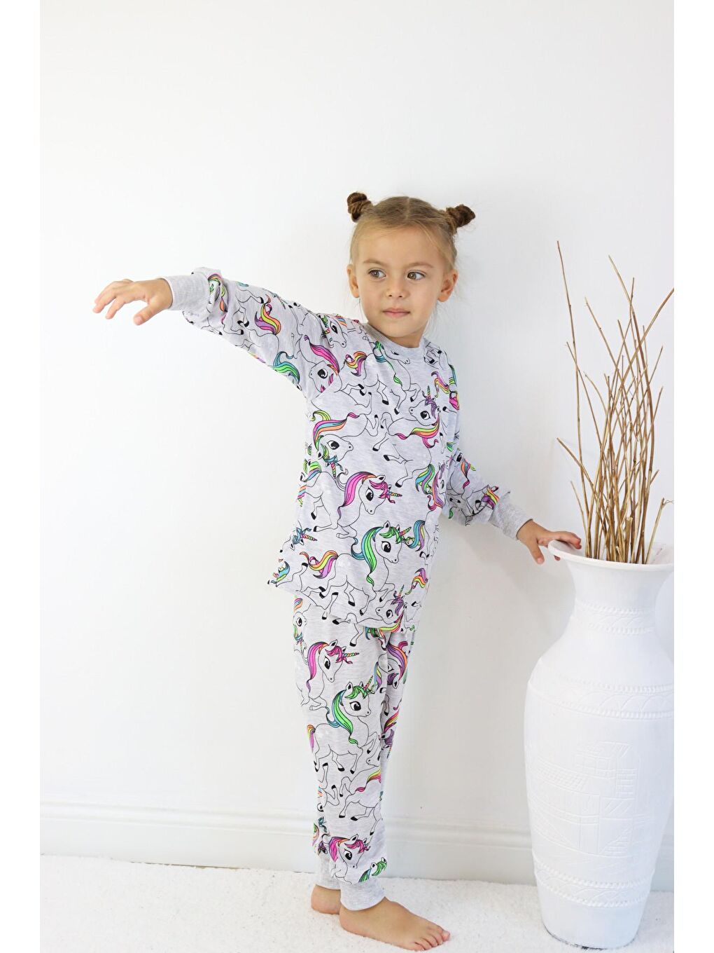 Harika KIDS Gri-Mavi Kız Çocuk Baskılı İnce Basic Pijama Takımı - 6