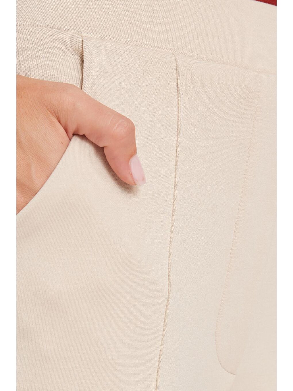 Bej Kadın Relax Fit Rahat Kesim Modal Kumaş Yüksel Bel Geniş Paça Taş Pantolon-5