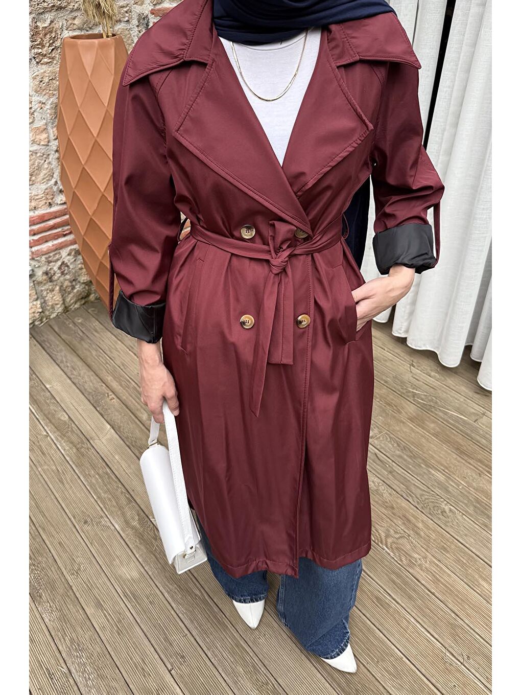 Kolu Katlamalı Trenç Bordo-2