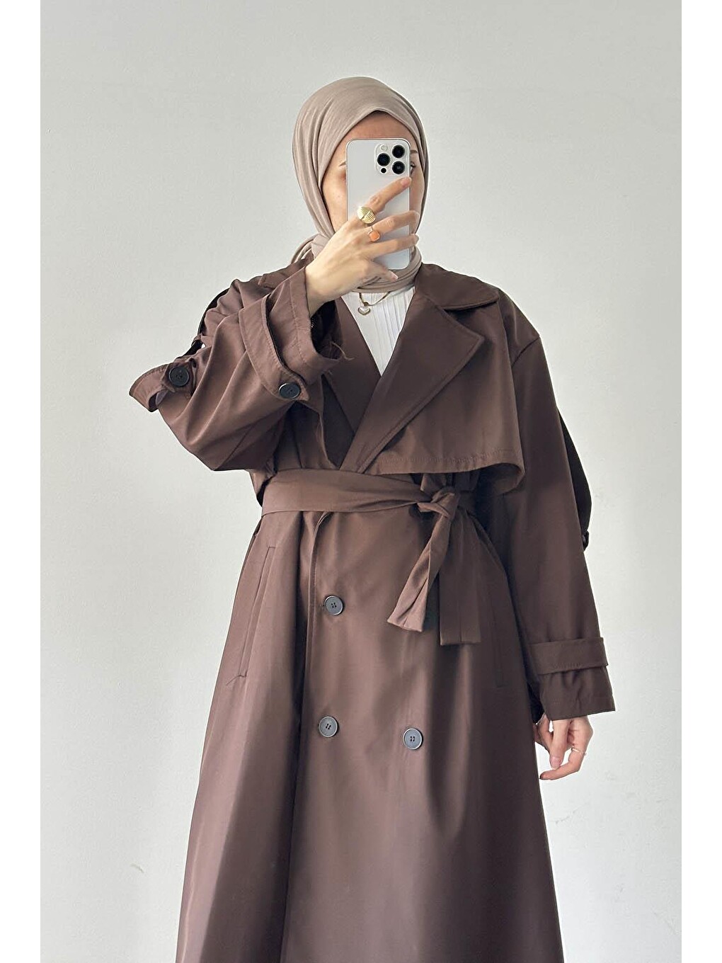 Uzun Apoletli Oversize Trenç Kahverengi-3